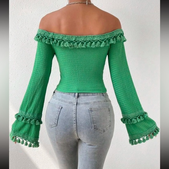 Boho Off Shoulder Flare Long Sleeve Fringe Tassel Cropped Top Blouse Shirt - Picture 2 of 7